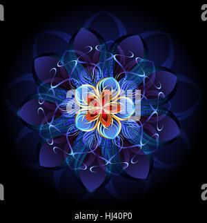 Luxueux, abstract fleur bleu foncé sur un fond rougeoyant. Banque D'Images