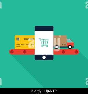 Mobile marketing, e-commerce et des boutiques en ligne, concept d'entreprise, modèle plat, vector illustration Illustration de Vecteur