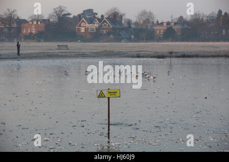 Des promenades sur la glace mince garçon dans des températures de congélation sur Rushmore, Commune Wimbledon Common, au sud-ouest, Londres, UK Banque D'Images