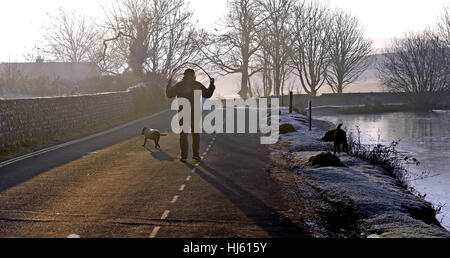 Brighton, Sussex, UK. 22 janvier, 2017. Un matin tôt walker jouit du givre et brouillard par étang près de Falmer Brighton comme le froid se poursuit à travers le sud de la Grande-Bretagne avec une baisse des températures de moins 5 degrés Celsius dans certaines régions Crédit : Simon Dack/Alamy Live News Banque D'Images