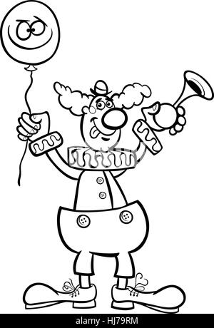 Illustration Cartoon noir et blanc de Funny Clown avec ballon et avertisseur pneumatique pour Coloring Book Banque D'Images