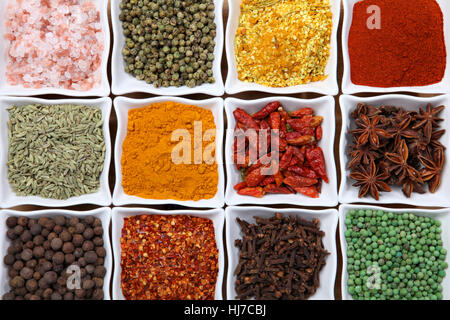 Herbes et d'épices variées sur un des bols en céramique Banque D'Images