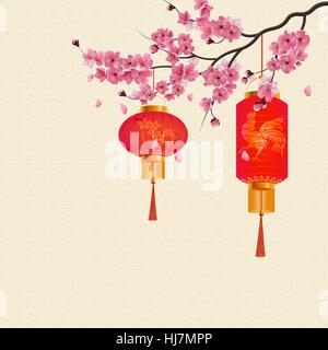 Deux lanternes chinoises rouge sur une branche de fleurs de cerisier avec illustration fleurs violettes. Illustration de Vecteur