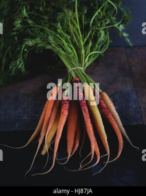 Patrimoine arc-en-ciel de carottes. Tourné sur l'ardoise à l'aide d'un éclairage naturel. Banque D'Images