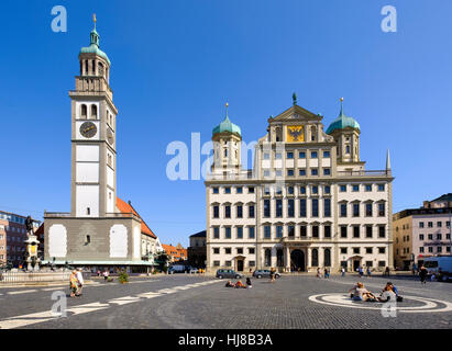 Perlachturm et l'Hôtel de Ville sur la place principale, Augsburg, souabe, Bavière, Allemagne Banque D'Images