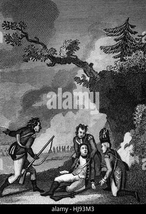 Le major général James Wolfe (1727 - 1759) était un officier de l'armée britannique, connu pour ses réformes de la formation mais surtout pour rappeler sa victoire sur les français à la bataille des plaines d'Abraham, aka la bataille de Québec au Canada en septembre 1759, au cours de laquelle il est mort. Il a joué un rôle essentiel dans la bataille de la guerre de Sept Ans qui a été combattu par l'Armée britannique et de la Marine contre l'armée française sur un plateau, juste à l'extérieur des murs de la ville de Québec, sur une terre qui a été initialement détenue par un fermier nommé Abraham Martin, d'où le nom de la bataille. Banque D'Images