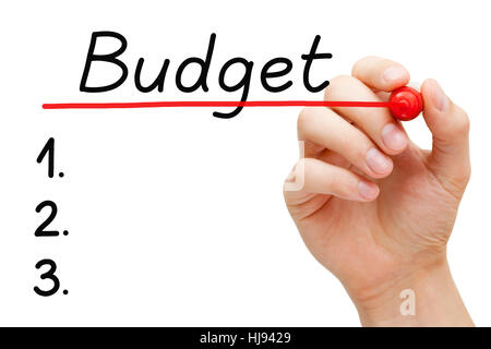 Part du budget de l'écriture liste avec feutre sur du verre transparent de sélection. Banque D'Images