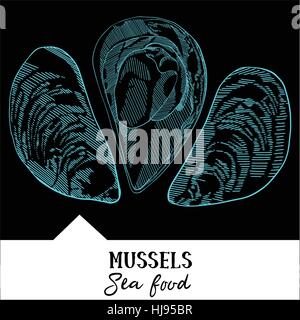 Hand drawn, vector illustration, conception d'un menu de restaurant de fruits de mer. La photo montre les moules sur un fond noir. Illustration de Vecteur