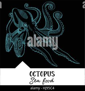 Hand drawn, vector illustration, conception d'un menu de restaurant de fruits de mer. La photo montre le poulpe sur un fond noir. Illustration de Vecteur