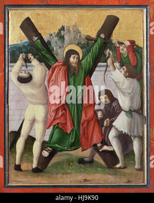 La Crucifixion de saint André Apôtre. Aile latérale du retable gothique de Saint André (1512) à partir de maintenant (Liptoszentandras Liptovsky Ondrej, Slovaquie) sur l'affichage dans la Galerie nationale hongroise (Magyar Nemzeti Galéria) à Budapest, Hongrie. Banque D'Images