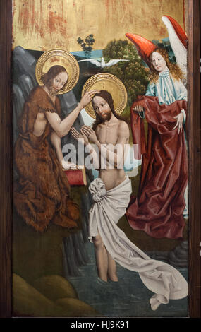 Le Baptême du Christ. Aile latérale du retable gothique de Saint Jean le Baptiste (1490-1514) à partir de maintenant, Sabinov Kisszeben (Slovaquie) sur l'affichage dans la Galerie nationale hongroise (Magyar Nemzeti Galéria) à Budapest, Hongrie. Banque D'Images