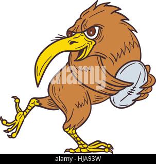 Style croquis dessin illustration d'un oiseau kiwi exécutant avec ballon de rugby depuis le côté isolé sur fond blanc. Illustration de Vecteur
