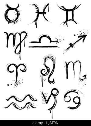 Symboles du zodiaque, négligemment peinte en noir sur un fond blanc. Illustration de Vecteur