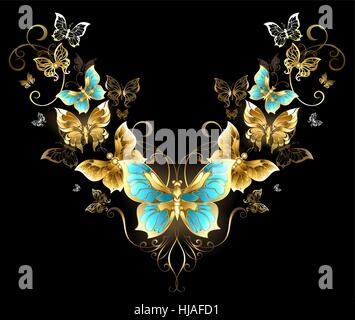Motif symétrique de papillons bijoux en or sur fond noir. Papillon d'or. Conception avec les papillons. Illustration de Vecteur