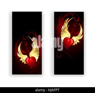 Deux bannières avec coeurs rouges ange avec des ailes d'or sur fond noir. Illustration de Vecteur
