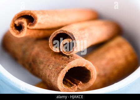Close up de l'ensemble des bâtons de cannelle à l'intérieur pot en fonte émaillée. Banque D'Images