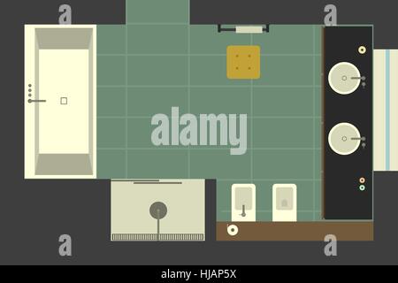 Salle de bains dans un style plat, vue du dessus. Illustration de Vecteur
