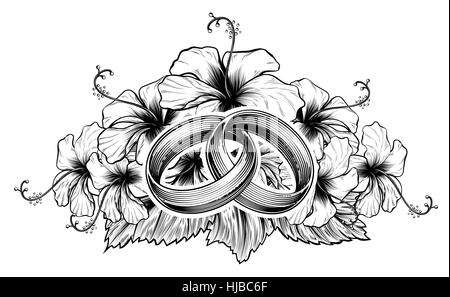 Une paire d'anneaux de mariage ou de bandes entrelacées et de l'hibiscus dans vintage style gravé gravure Banque D'Images