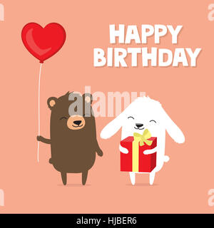 Carte de souhaits d'anniversaire avec cute cartoon l'ours et le lapin holding balloon et don Banque D'Images