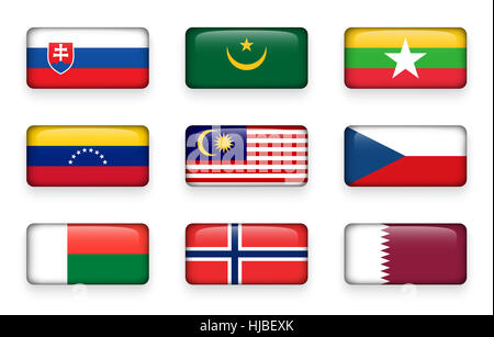 Ensemble de drapeaux monde boutons rectangle ( Slovaquie . La Mauritanie . Le Myanmar . Le Venezuela . La Malaisie . République tchèque . Madagascar . La Norvège . Le Qatar ) Banque D'Images