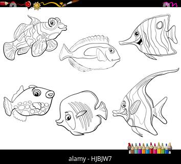 Cartoon noir et blanc Illustration de poisson tropical Sea Life Page à colorier Jeu de caractères Animaux Illustration de Vecteur