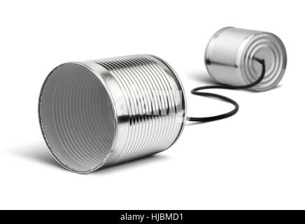 Les boîtes en fer blanc sur téléphone, global communication concept Banque D'Images