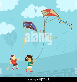 Enfants jouant Kite Illustration de Vecteur