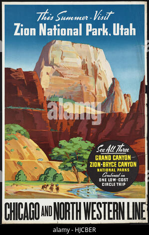 Cet été - visite de Zion National Park, Utah. Chicago and North Western Line - Vintage travel poster 1920 1940 Banque D'Images