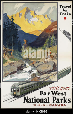 Visitez votre extrême ouest Parcs nationaux aux États-Unis-Canada. Voyage en train - Vintage travel poster 1920 1940 Banque D'Images