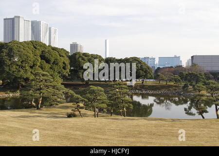 Vue générale des jardins Hamarikyu (japonais : Hama-rikyu onshi teien) dans le quartier de Chuo, Tokyo, Japon. Banque D'Images