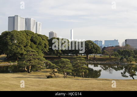 Vue générale des jardins Hamarikyu (japonais : Hama-rikyu onshi teien) dans le quartier de Chuo, Tokyo, Japon. Banque D'Images