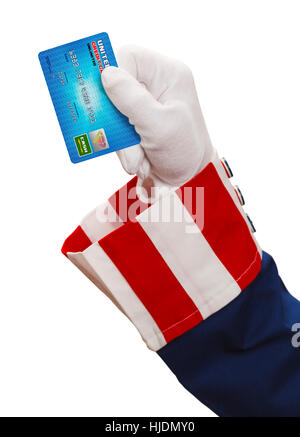 Le président tenant une carte de crédit isolé sur fond blanc. Banque D'Images