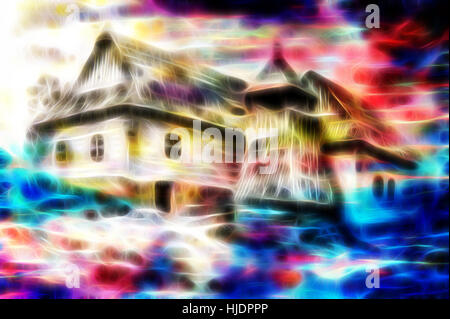 Idylic willage maisons avec beffroi en bois, dessin au crayon sur papier couleur avec effet fractal. Banque D'Images