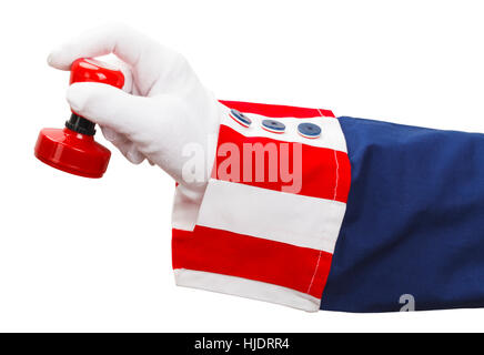 Le président Holding Red Rubber Stamper isolé sur blanc. Banque D'Images
