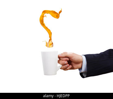 Businessman holding white cup avec point d'interrogation dans la main Banque D'Images