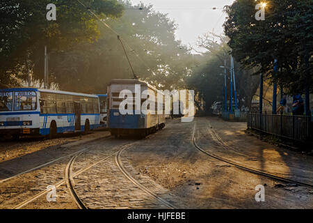 Heritage kolkata tram debout sur la piste près d'un dépôt de tramways à esplanade, Kolkata sur un matin d'hiver brumeux. Banque D'Images