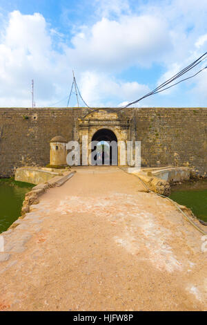 Pont au-dessus de douves aqueux conduit à l'entrée de porte portail de Fort de Jaffna au Sri Lanka. La verticale Banque D'Images