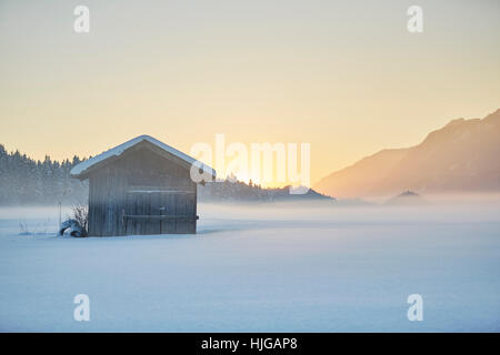 Petite cabine, paysage d'hiver, grange à foin dans le brouillard au crépuscule, Kramsach, Tyrol, Autriche Banque D'Images