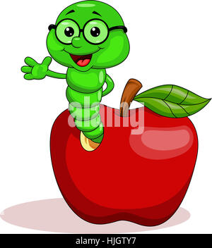 Enseignant, vert, fruits, animaux sauvages, cartoon, pomme, rouge, bleu, ver, rire, Banque D'Images