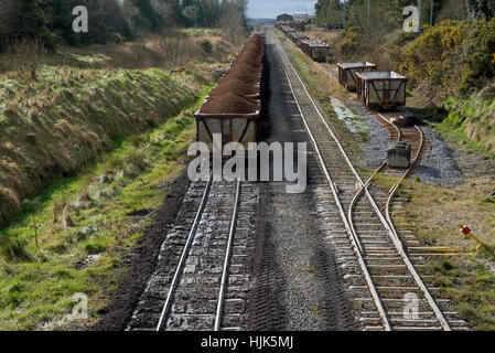 La Tourbière de West Offaly Railway remplis de tourbe sur le chemin de la station d'alimentation. Banque D'Images