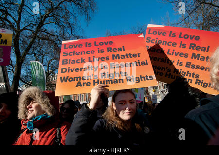 Marche des femmes.Une femme tient une pancarte disant "l'amour est l'amour, la science est vrai, black vit la matière, la diversité est essentielle Banque D'Images