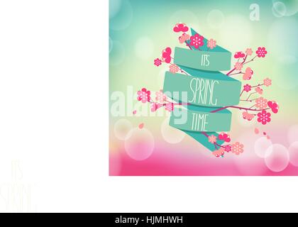 Vector illustration de saison du printemps, les cerisiers en fleurs sur fond de ruban vintage avec l'inscription Le printemps arrive Illustration de Vecteur