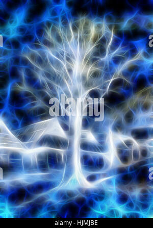 Energetic arbre au milieu de l'ancien village, arbre de vie, concept effet fractal. Banque D'Images
