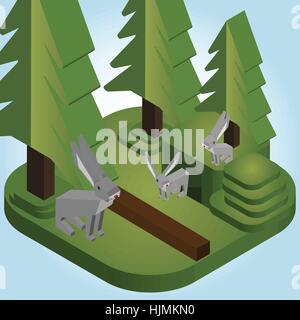 Les lapins près de s'enfouir dans une forêt de pin Style isométrique - Vector Illustration Illustration de Vecteur