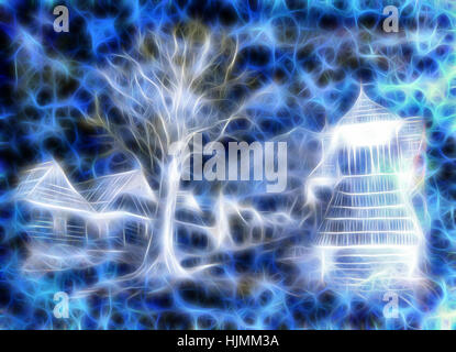 Idylic willage maisons avec beffroi en bois et d'arbres, dessin au crayon sur papier couleur avec effet fractal. Banque D'Images