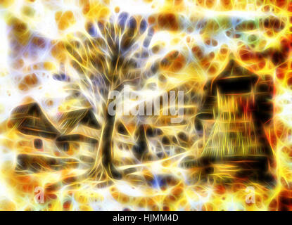 Idylic willage maisons avec beffroi en bois et d'arbres, dessin au crayon sur papier couleur avec effet fractal. Banque D'Images