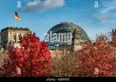 Drapeau national allemand en face du Reichstag, Berlin, automne Banque D'Images