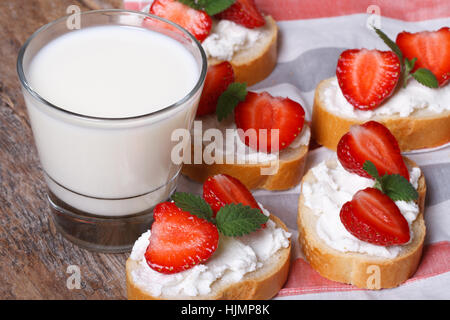 De délicieux sandwiches avec du fromage à pâte molle et de fraises fraîches à la menthe et lait. horizontale. close-up Banque D'Images