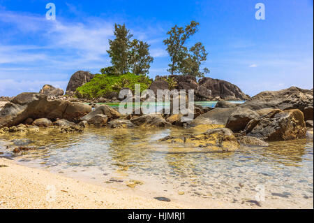 Plage de l'île de Mahé, Seychelles, côte à Port Glaud Banque D'Images