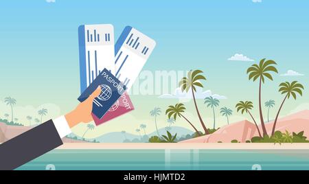 Hand Holding Ticket d'Embarquement Voyage Bord de mer fond de plage Illustration de Vecteur